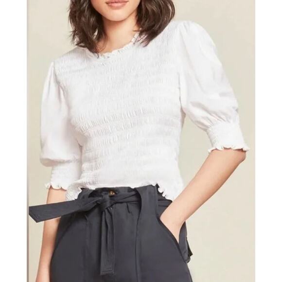 Veronica Beard Langston Smocked Ruffle Top Blouse White Elevated Basic M Cotton - Picture 1 of 11